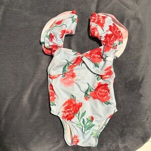 Janie and Jack Floral Kids Swim One Piece - Red and Green on Light Blue